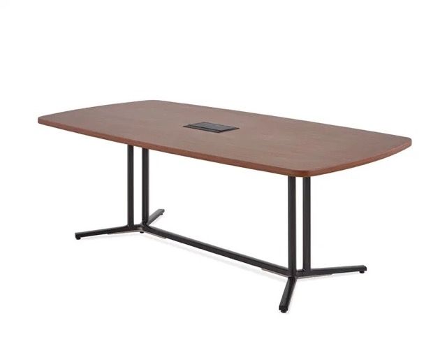 Brown rectangular conference table with black metal legs and a built-in cable port