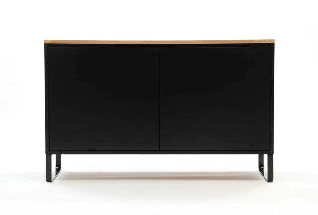 Black sideboard cabinet with a light wood top and slim legs on a white background
