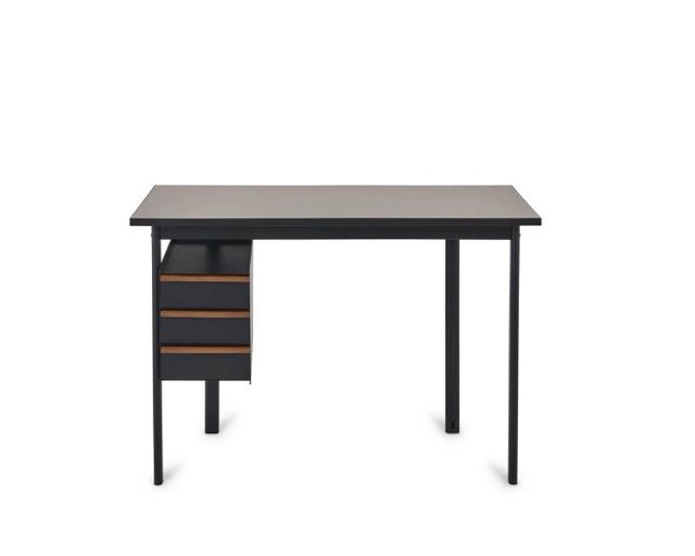 Small black desk with four legs and left-side drawers on a white background