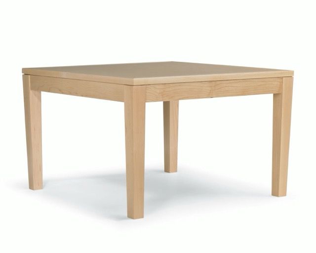 Brown wooden square dining table with four legs on a white background
