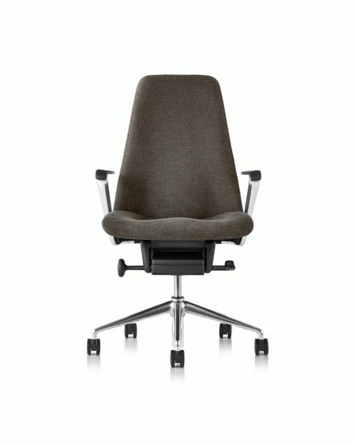 Modern gray office chair with armrests and five-wheel base on a white background