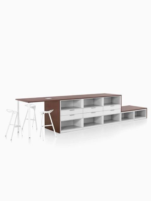 Modern white modular storage bench with brown top and integrated steps on a white background