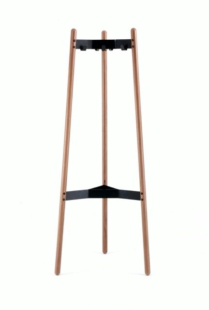 Wooden tripod stand with black support brackets on a white background