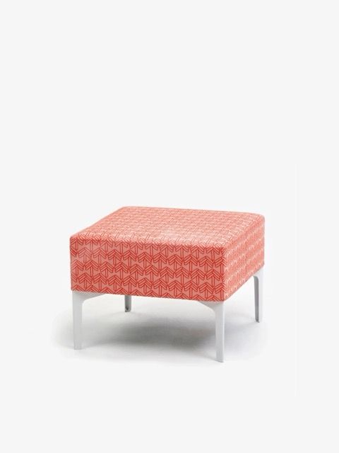 Orange patterned square ottoman with metal legs on a white background