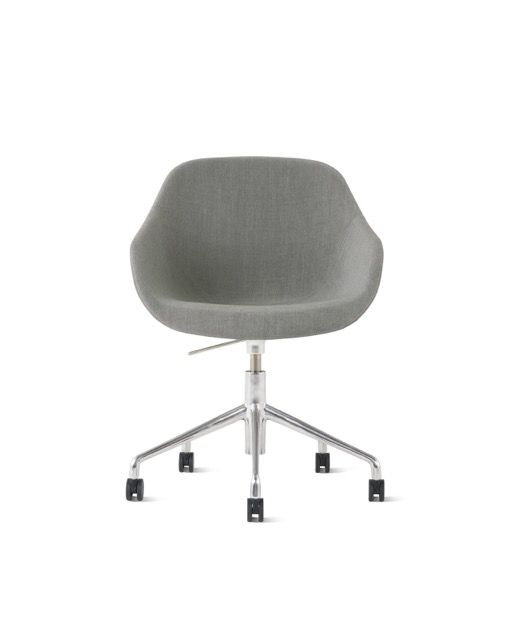 Gray upholstered office chair with chrome base and five casters on a white background