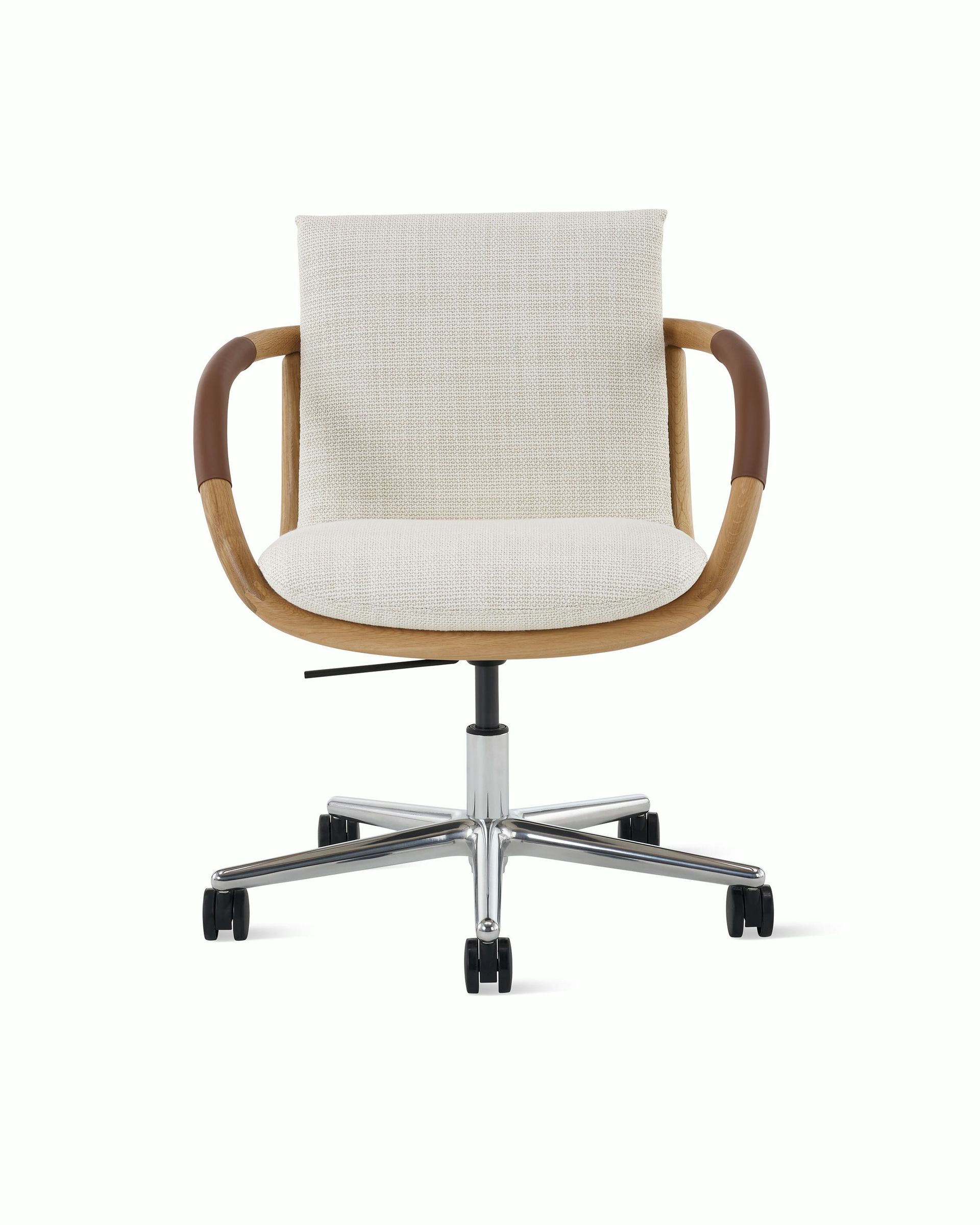 Modern beige upholstered swivel office chair with wooden arms and chrome base on white background
