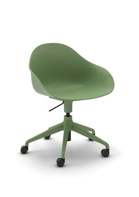 Green swivel chair with four-wheeled base and curved seat on a white background