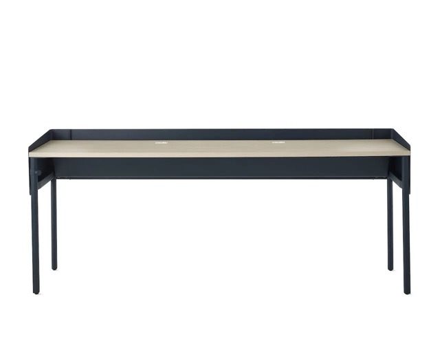 Black rectangular console table with slim legs and a light-colored top on a white background