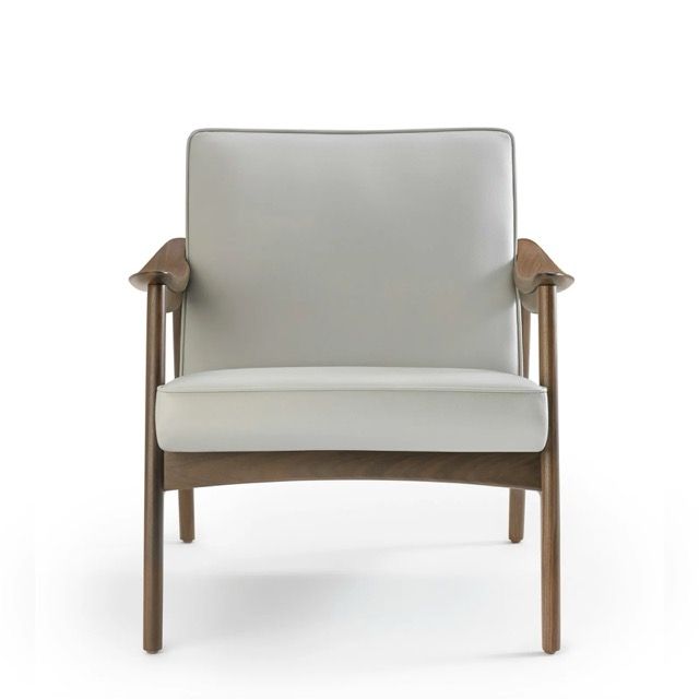 Light gray upholstered armchair with wooden arms and legs on a white background