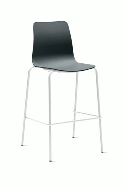 Black modern bar stool with white metal legs on a white background