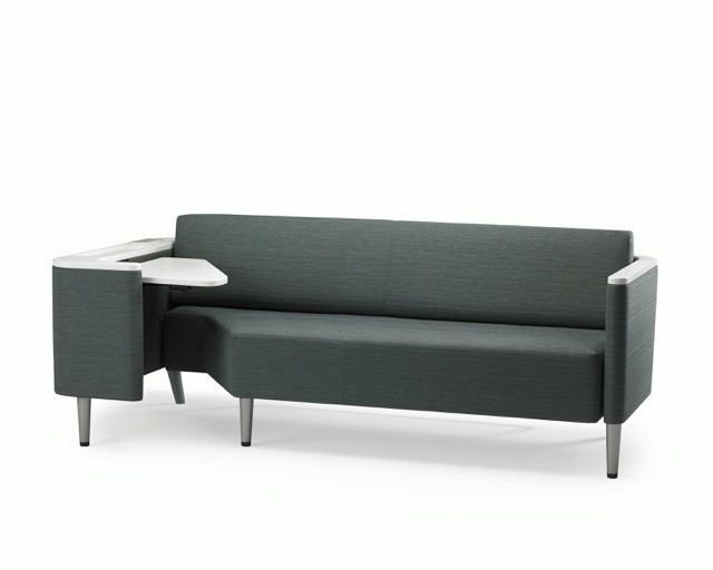 Modern dark gray sectional sofa with built-in side table on a white background