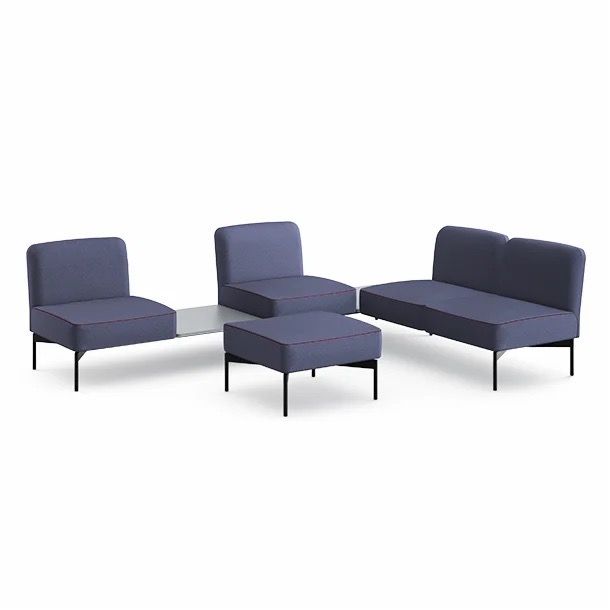 Blue modular lounge chairs with black legs arranged on a white background