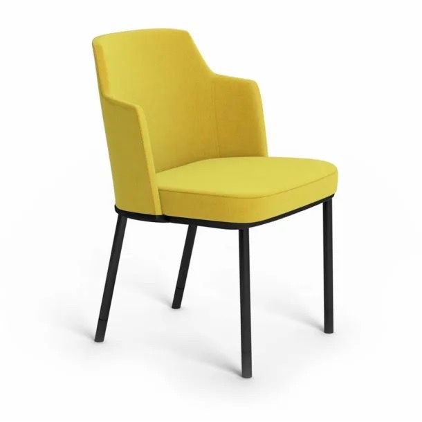 Yellow upholstered chair with black metal legs on a white background