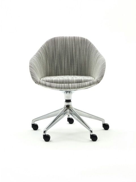 Gray upholstered swivel office chair with chrome base and casters on a white background