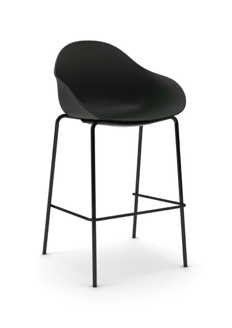 Black modern bar stool with a curved seat and metal frame on a white background