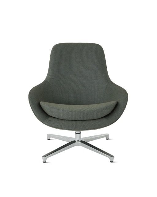 Modern gray upholstered lounge chair with a silver swivel base, front view on white background