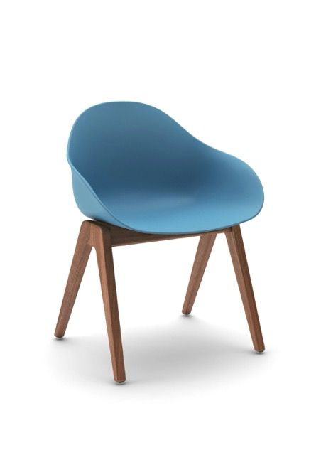 Blue molded plastic chair with wooden legs on a white background