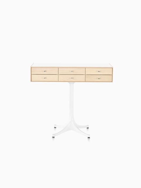 Beige dresser on a white pedestal base against a white background