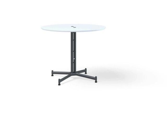 Round glass-topped table with a black metal pedestal base on a white background