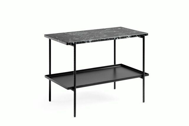Black metal table with a lower shelf and speckled top on a white background