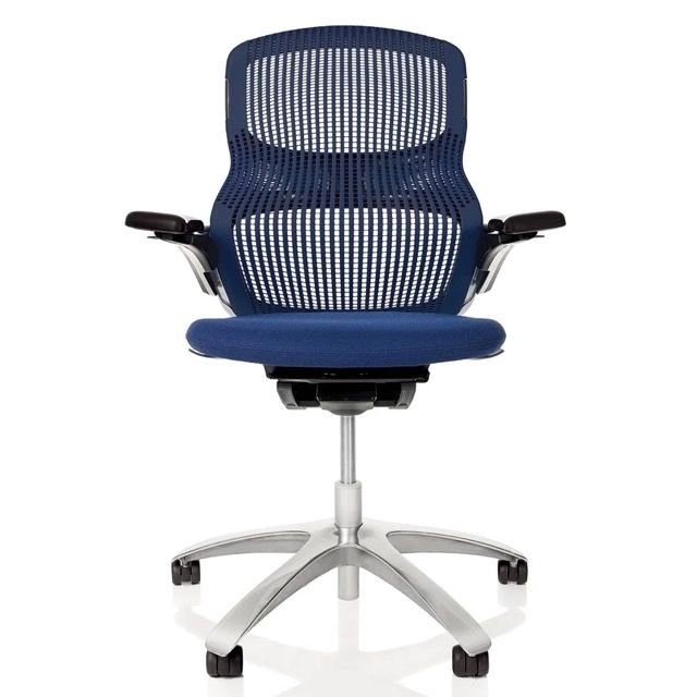 Blue mesh office chair with white frame and five-wheel base, shown front view