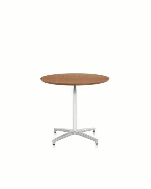 Round wooden table with a white pedestal base on a plain background