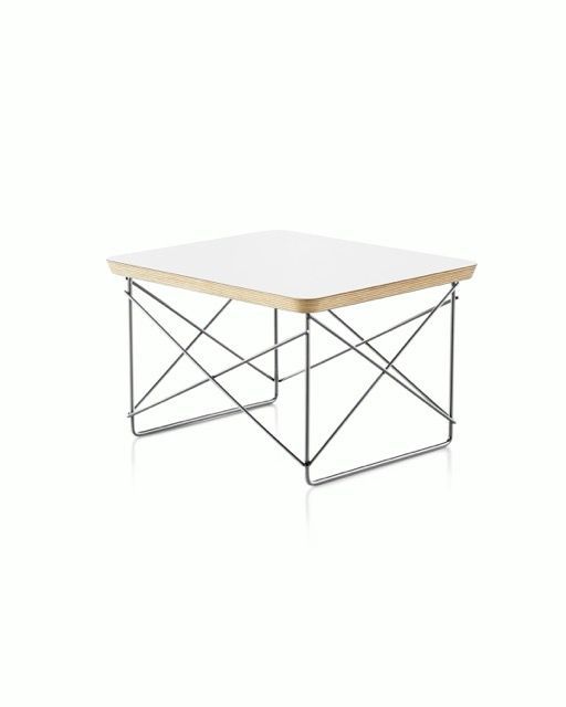 Modern white square folding table with light wood edge and metal wire frame