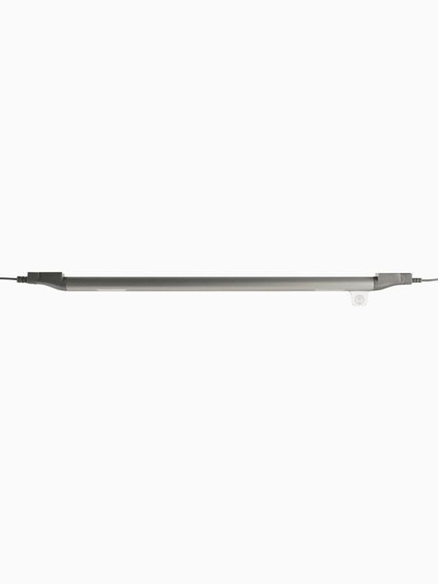 Slim gray metal rod with black ends on a white background