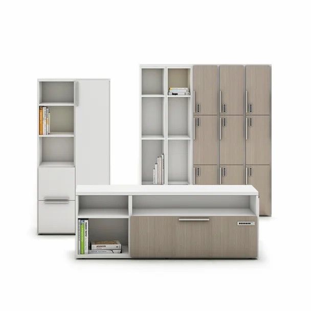 Modern beige modular office storage wall with cabinets, shelves, and a bench-style desk on a white background