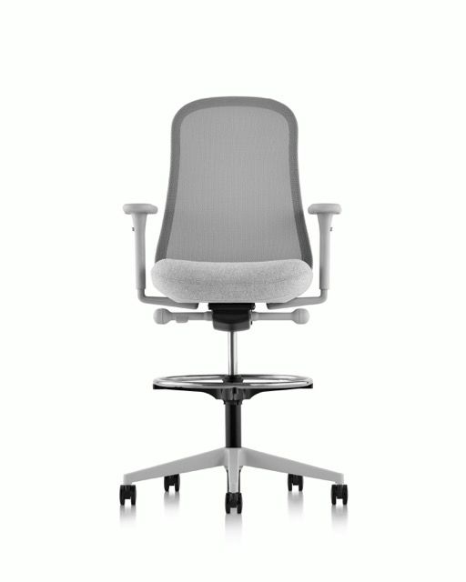 Gray ergonomic office chair with mesh back, armrests, and caster wheels on a white background