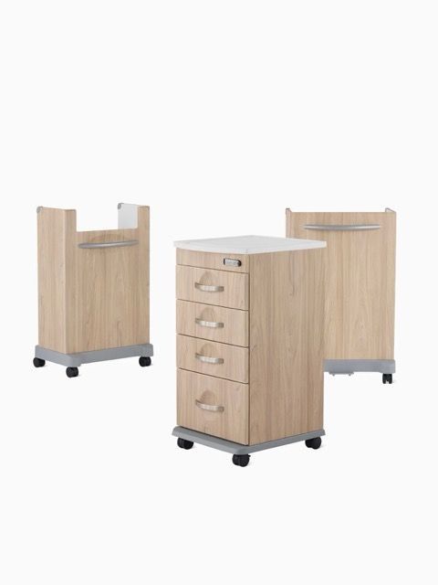 Wood-tone rolling medical carts with drawers and handles on a white background