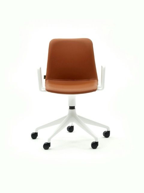 Brown office chair with white arms and base on a white background