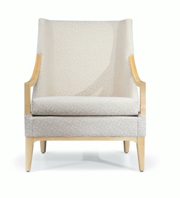 Modern upholstered armchair with light gray fabric, pale wood frame, and slim arms on a white background