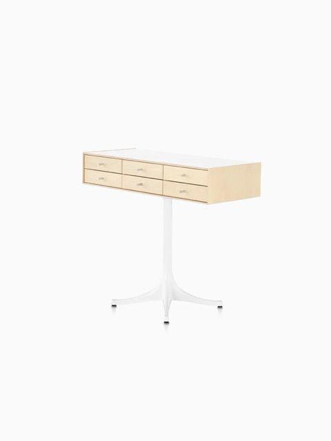 Beige dresser on a white pedestal base against a white background