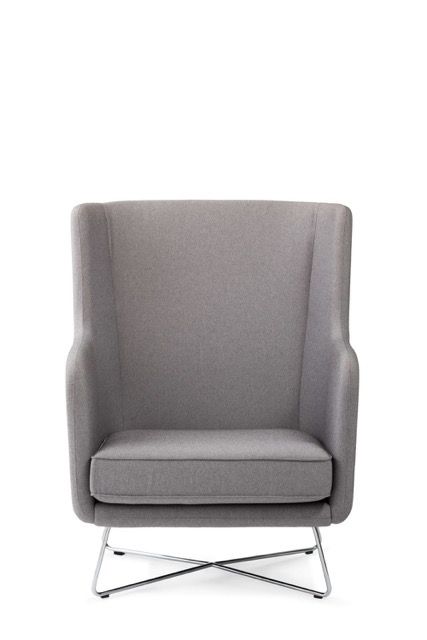Gray upholstered armchair with a metal base on a white background