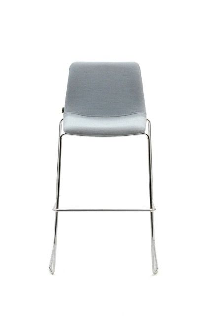 Gray armless bar stool with metal frame on a white background