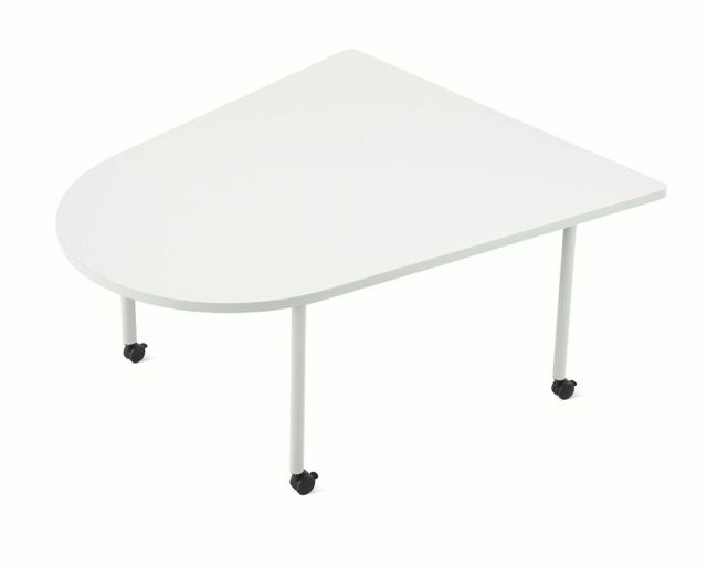White triangular office desk with rounded front edge and three black casters on a white background