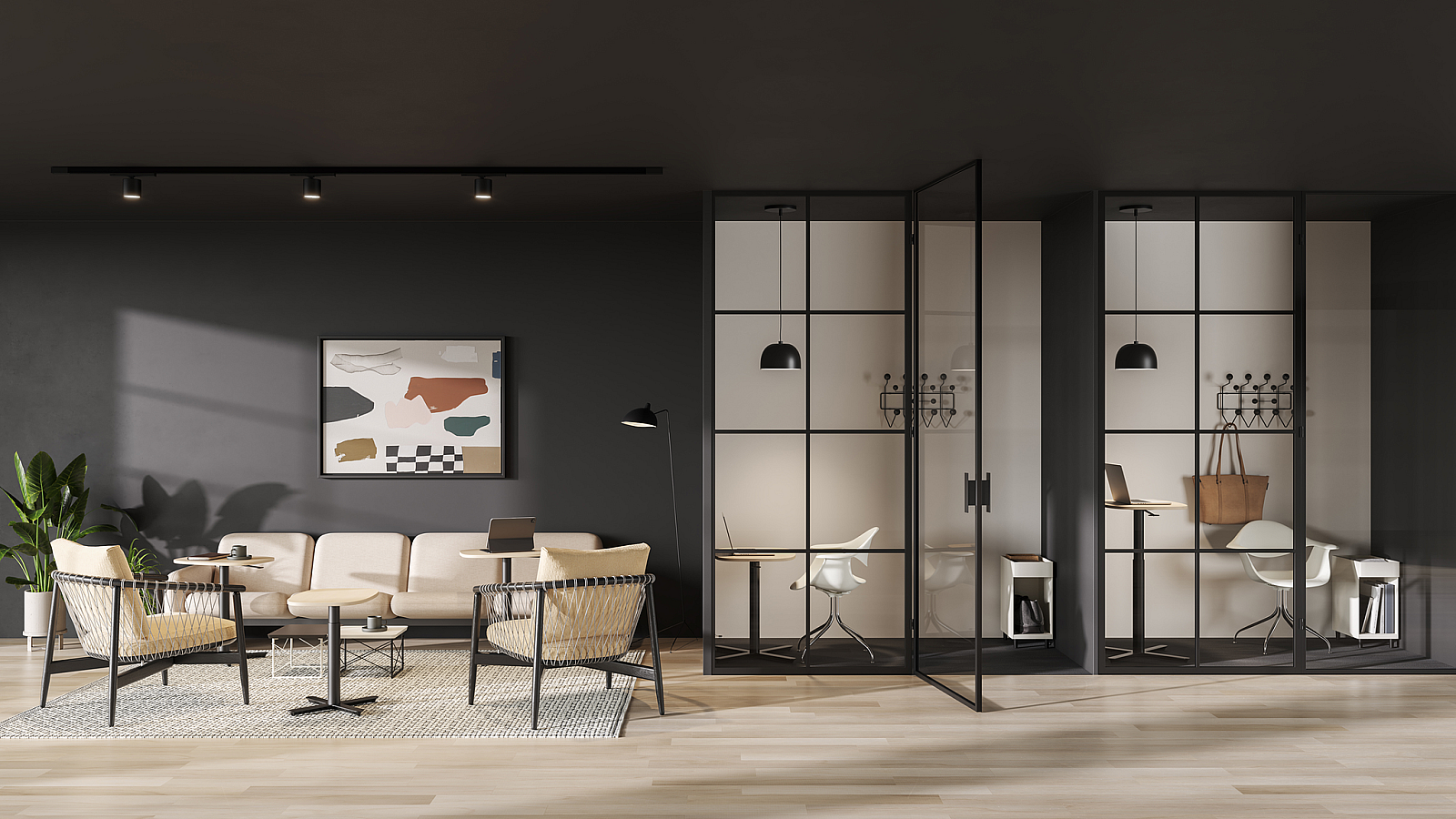 Modern lounge with black walls, glass partitions, wicker seating, and a wooden floor in warm sunlight