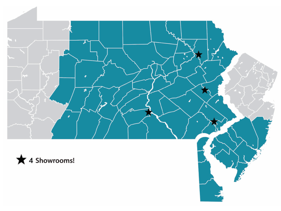 Teal map highlighting four showroom locations across Pennsylvania and New Jersey
