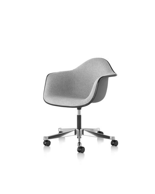 Gray upholstered swivel office chair with chrome base and casters on a white background