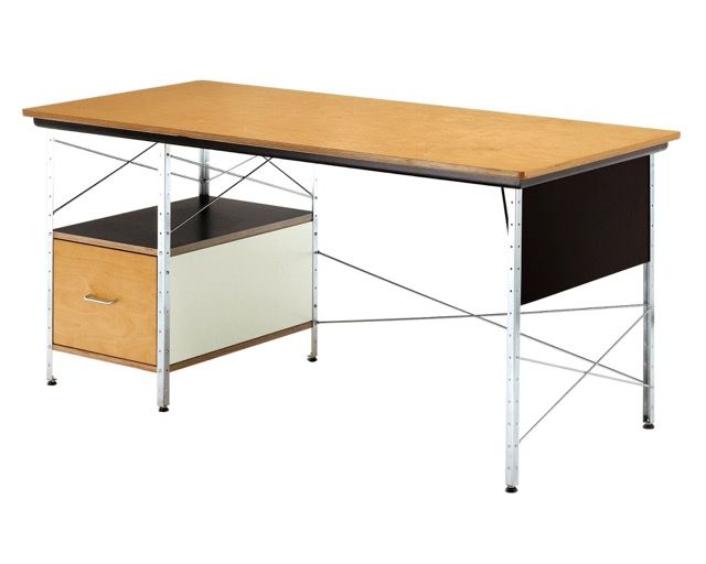 Modern desk with wood top, chrome frame, and a small storage cabinet on the left