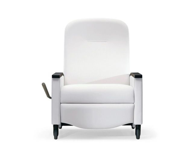 White reclining armchair with black armrests and legs, front view on a plain background