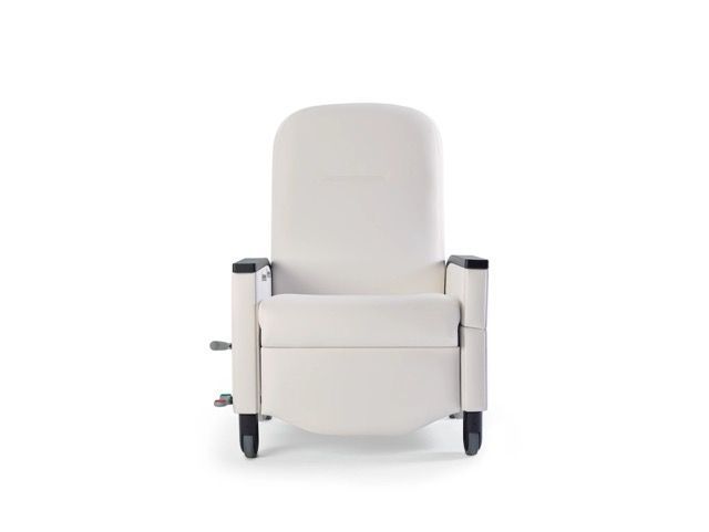 White upholstered chair with metal armrests and black wheels, viewed from the front on a white background