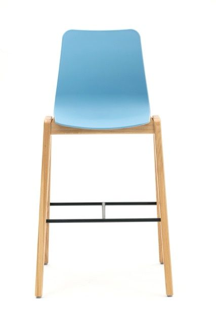 Blue chair with light wooden legs and footrest, front view on a white background