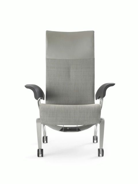 Gray office chair with armrests, front view on a white background