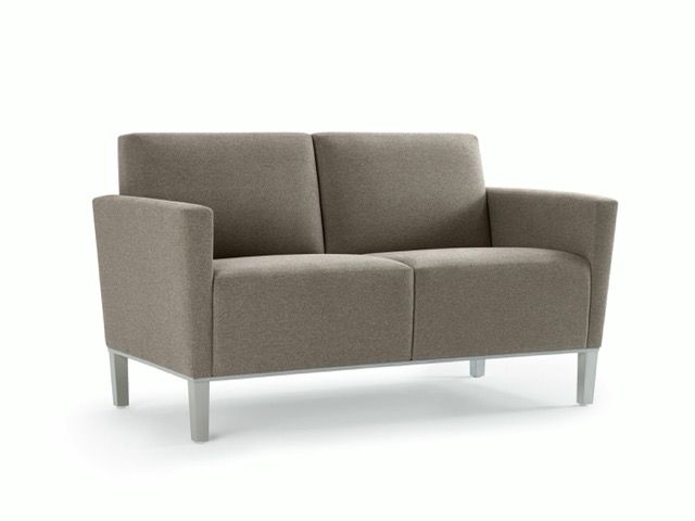 Modern gray two-seat sofa with light wooden legs on a white background