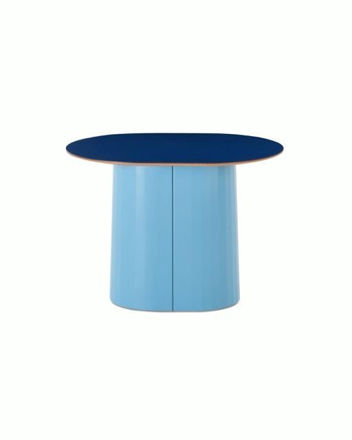 Light blue cylindrical table with a dark blue oval top