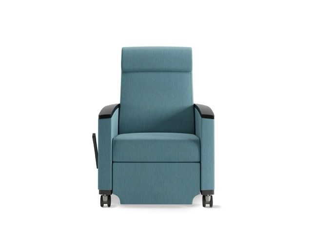 Blue upholstered recliner chair with armrests on a white background