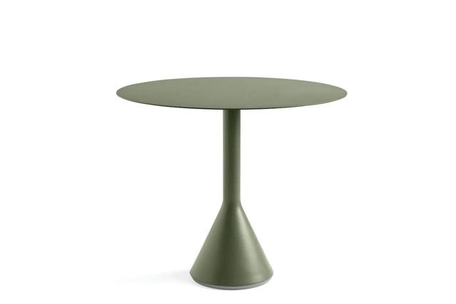 Olive green round pedestal table with a tapered base on a white background