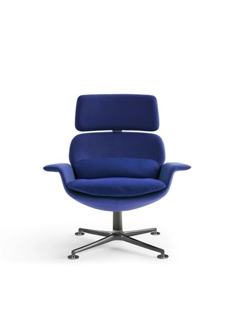Blue office chair with headrest, armrests, and a silver star base on a white background